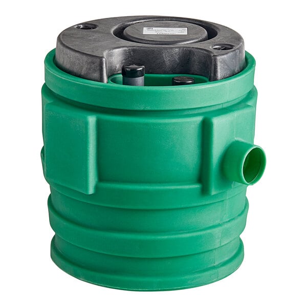 A green plastic container with a black lid.