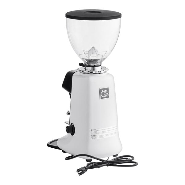 A white HeyCafe Buddy on-demand espresso grinder with a black cord.