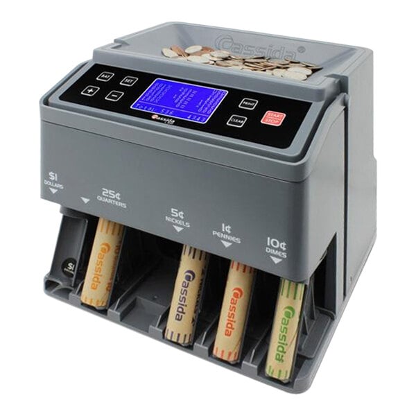 A Cassida CC300 coin counting machine with coins in it.