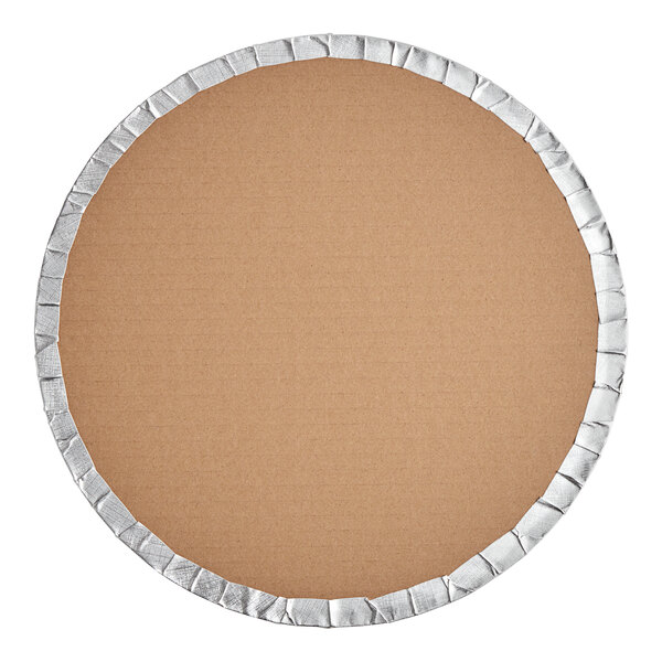A Baker's Lane round cardboard cake drum with silver trim.
