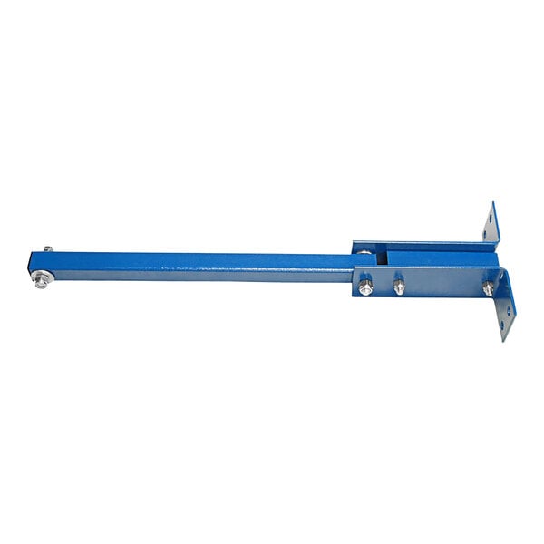 A blue metal rectangular door mount with screws.