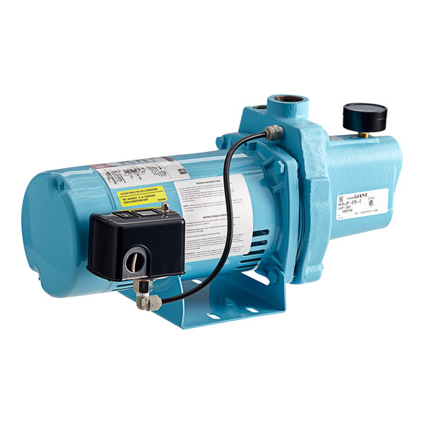 A blue Little Giant shallow well jet pump with black hoses.