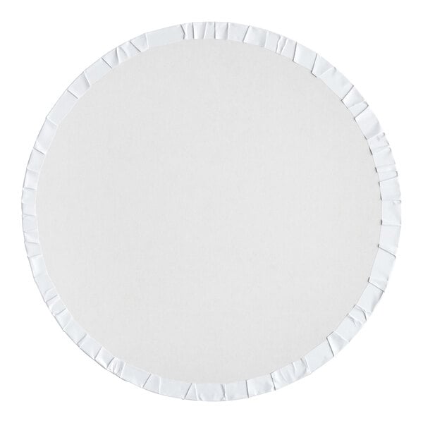 A white round Baker's Lane cake drum with white edges.