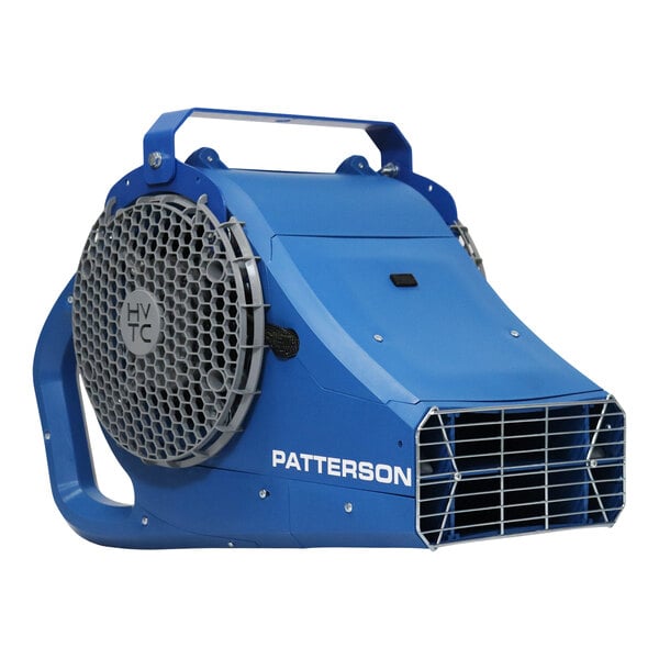 A blue Patterson high-velocity truck cooler fan machine with a round fan.