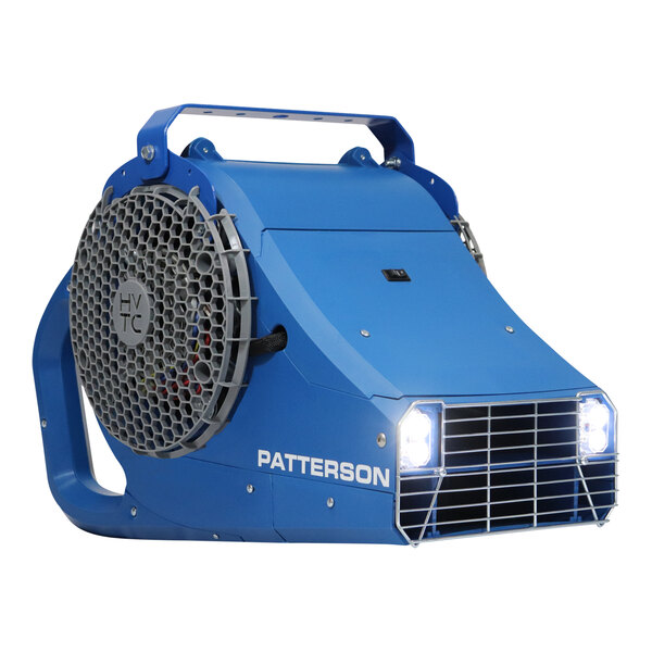 A blue Patterson high-velocity truck cooler with a round fan.