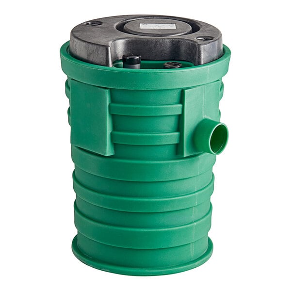 A green Little Giant sewage pump basin with a black lid.