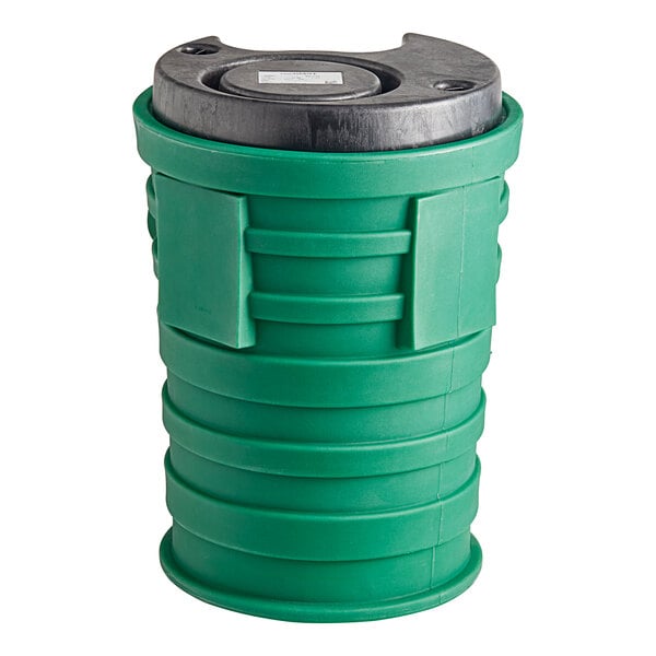 A green and black plastic container with a black lid.