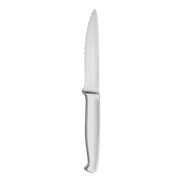 A close-up of a silver Abert Fiorentina steak knife with a white handle.