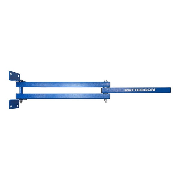 A blue rectangular metal Patterson TC-42 dock door mount with white text.