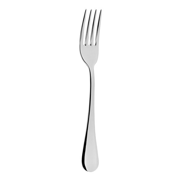 A silver fork with a white handle.