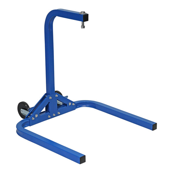 A blue metal stand with wheels and a handle.