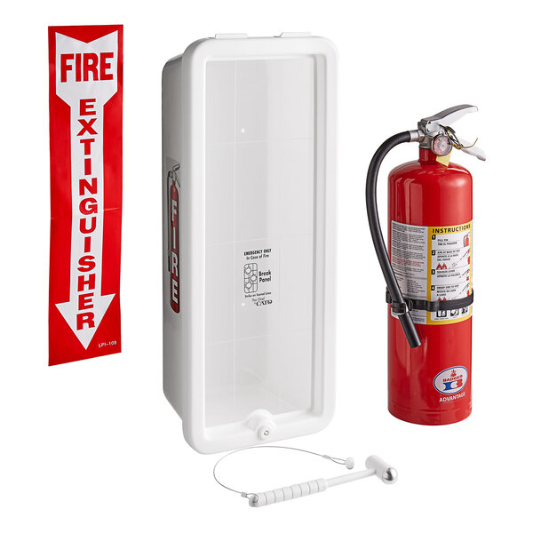 A white plastic Cato fire extinguisher cabinet with a Badger fire extinguisher and adhesive label.