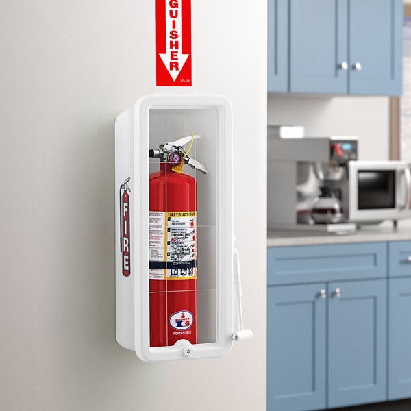 A Badger Advantage 10 lb. Dry Chemical Rechargeable Fire Extinguisher in a white plastic cabinet with a Cato Chief label.