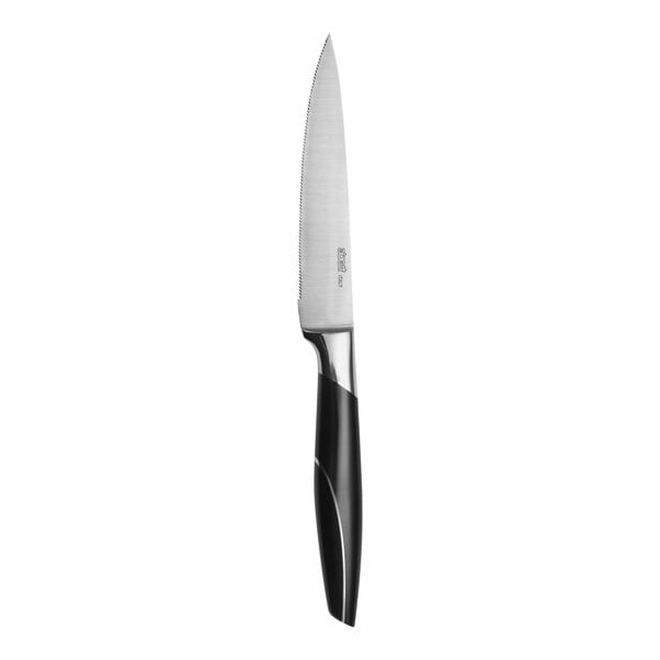 An Abert steak knife with a black plastic handle and silver blade.