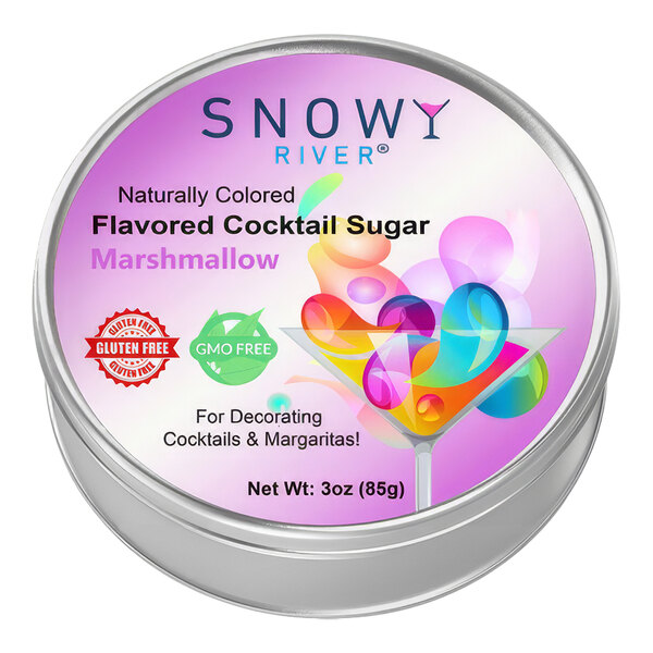 A round metal container of Snowy River marshmallow flavored cocktail rimming sugar.