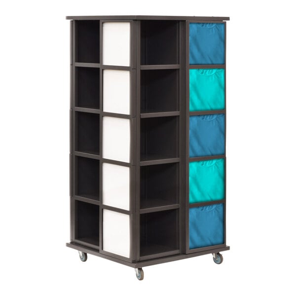 A black and white steel mobile t-shirt display merchandiser with 20 slots for shirts.