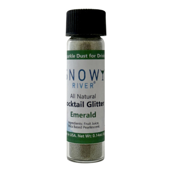 A bottle of Snowy River Emerald Cocktail Glitter with a black plastic cap.