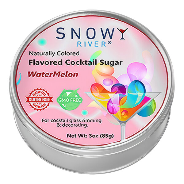 A round container of Snowy River watermelon cocktail rimming sugar with a label.