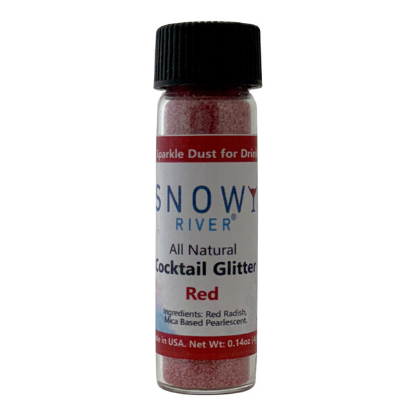 A black bottle of Snowy River red cocktail glitter with a black cap.