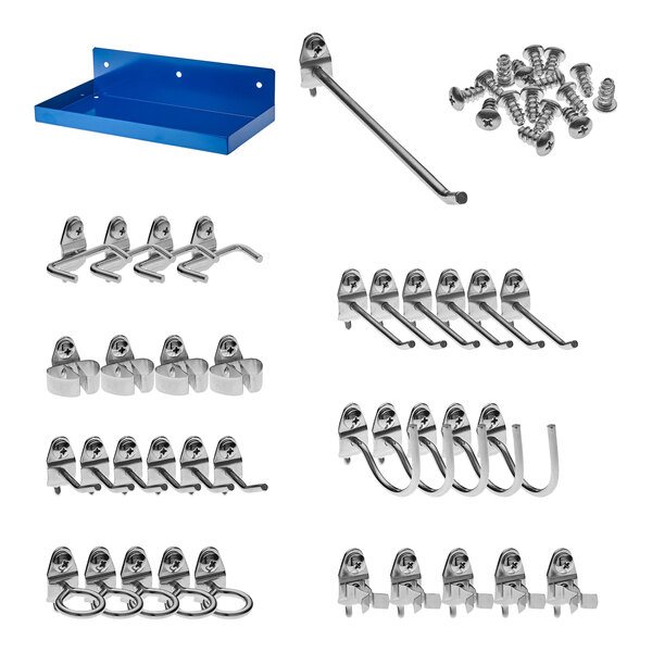A blue metal shelf kit with metal hooks for pegboards.
