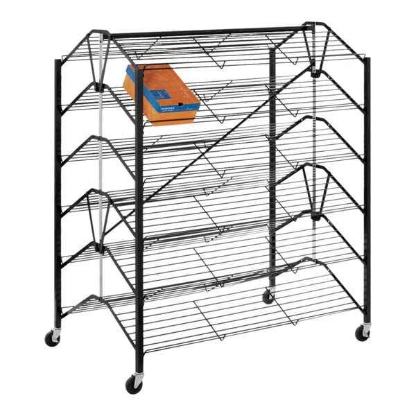 A black steel mobile double-sided folding shoe display rack with shoes on it.