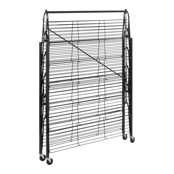 A black steel mobile double-sided folding shoe display rack with wheels.