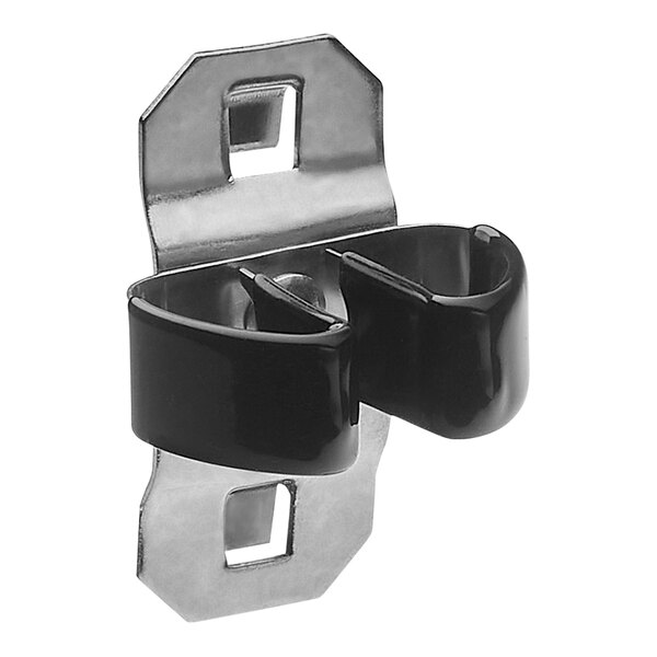 A black and silver metal Triton Products spring clip with two holes.