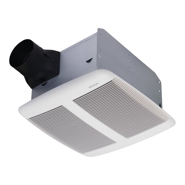 A white ceiling vent with a square vent for a Broan bathroom exhaust fan.