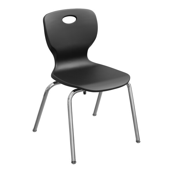 A set of 4 black plastic Correll student chairs with chrome legs.