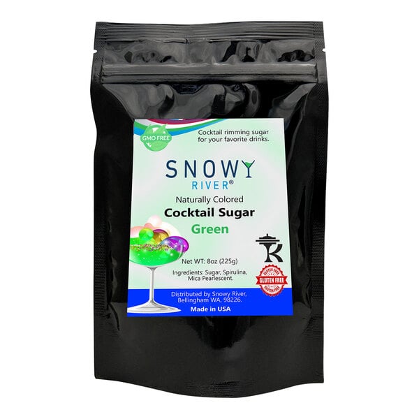 A black bag of Snowy River Green Cocktail Rimming Sugar with a label.