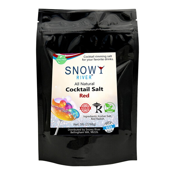 A black bag of Snowy River Red cocktail rimming salt with a white label.
