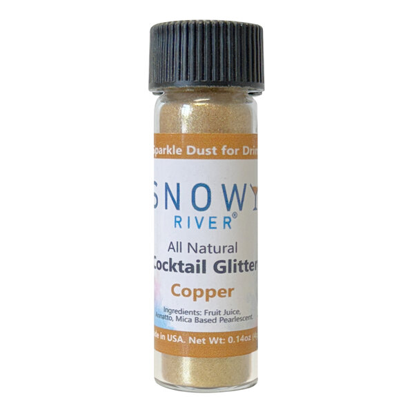 A bottle of Snowy River copper cocktail glitter with a black cap.