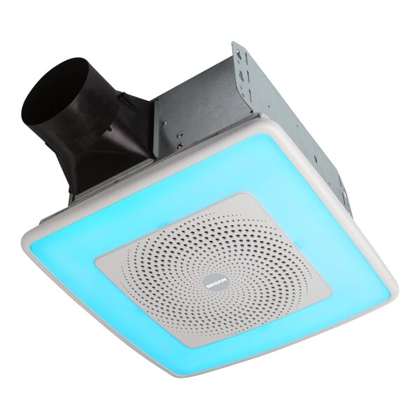A Broan ChromaComfort bathroom exhaust fan with blue LED light.