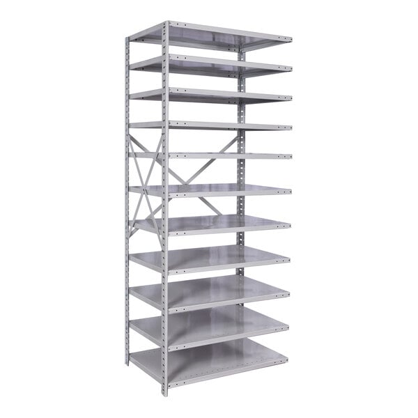 A gray MEDSAFE antimicrobial metal shelving unit with adjustable shelves.