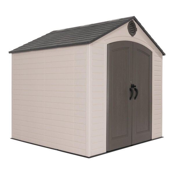 A Lifetime outdoor storage shed with a black roof.