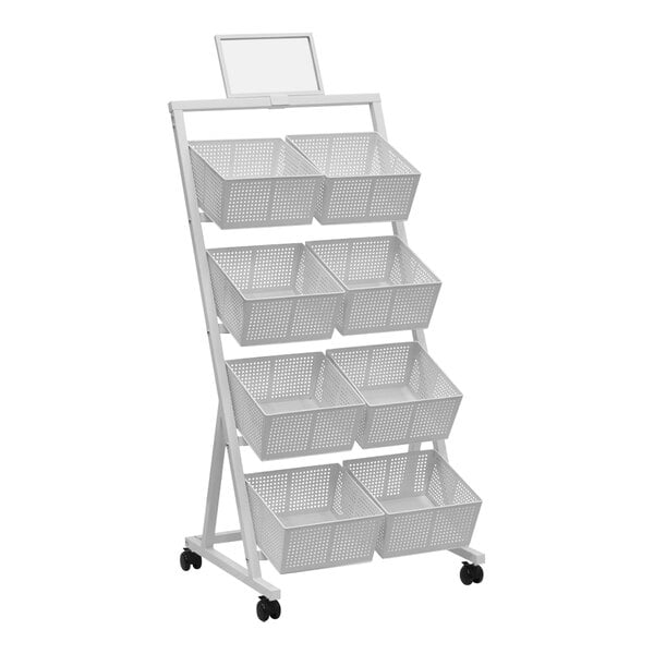 A white steel mobile retail display rack with 8 baskets.