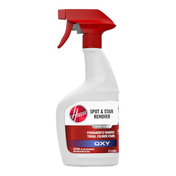 A white and red Hoover Oxy spot and stain remover spray bottle with a red label.