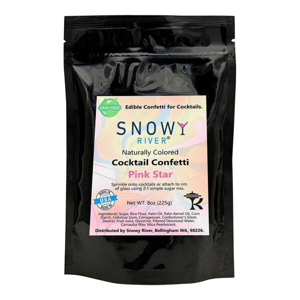 A black bag of Snowy River Pink Star cocktail confetti with a label.