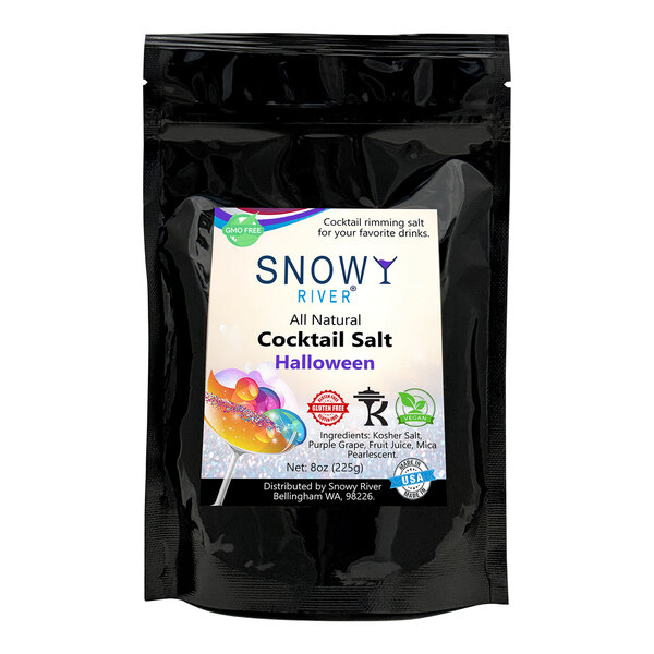 A black bag of Snowy River Halloween Cocktail Rimming Salt with a white label.