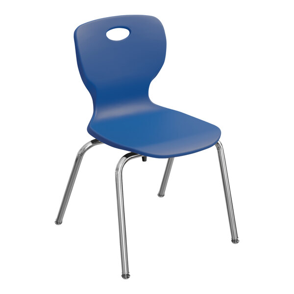 A set of 4 blue plastic Correll Classic student chairs with chrome legs.