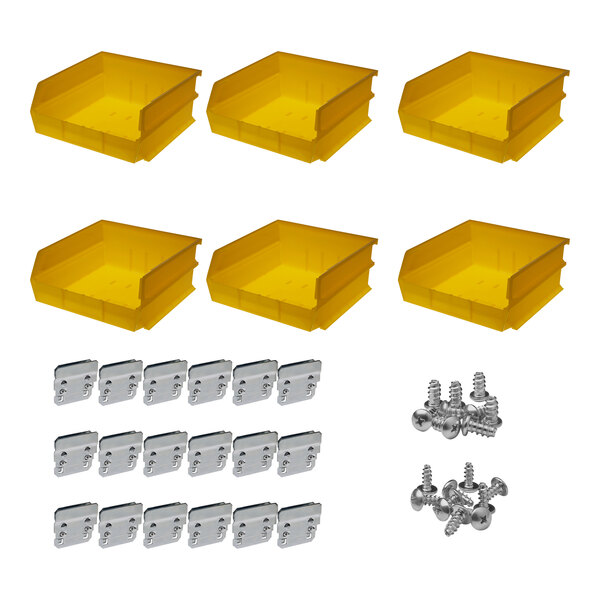 A yellow plastic box with large holes and 6 smaller yellow plastic bins inside.