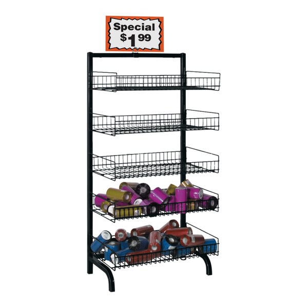 A 24" x 18" x 56" black steel 5-tier merchandising display rack.