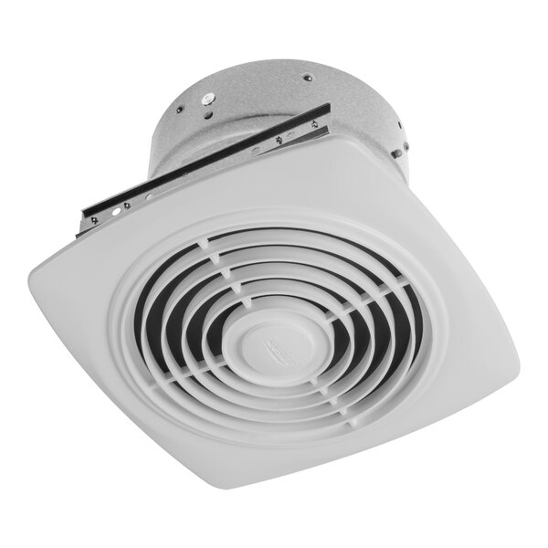 A Broan white ceiling exhaust fan with round vent.