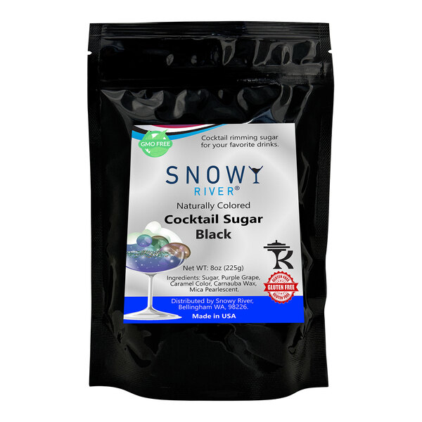 A black package of Snowy River black cocktail rimming sugar with a white label.