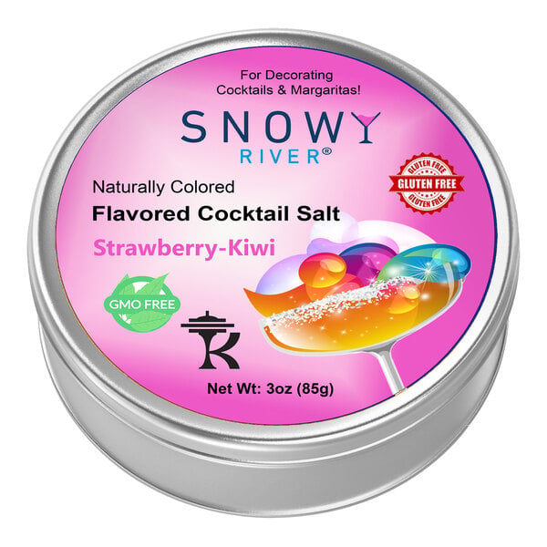 A round metal container of Snowy River strawberry-kiwi cocktail rimming salt with a label.