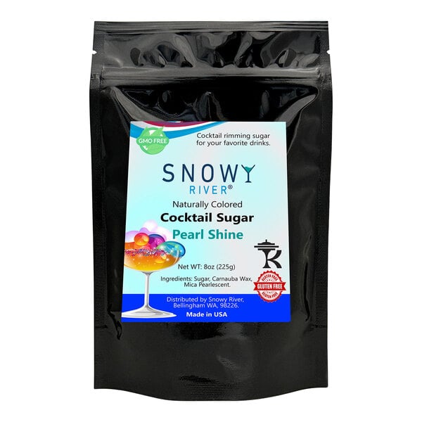 A black package of Snowy River Pearl Shine Cocktail Rimming Sugar with a label.