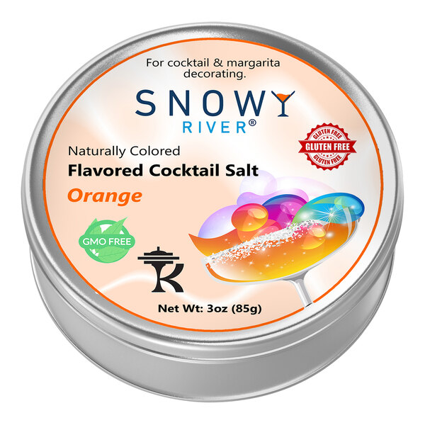 A round silver container of Snowy River Orange Zest Cocktail Rimming Salt with a label.