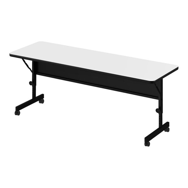 A white rectangular Correll flip top table with wheels.