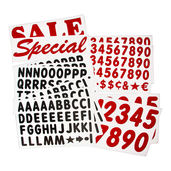 A white background holding a 328-piece deluxe letter kit with red and black numbers and letters.