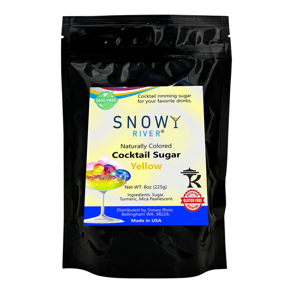 A black bag with a yellow label for Snowy River Yellow Cocktail Rimming Sugar.